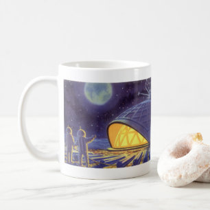 Vintage Science Fiction Aliens on Blue Planet Moon Coffee Mug