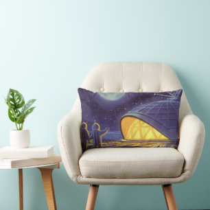 Vintage Science Fiction Aliens on Blue Planet Moon Lumbar Cushion