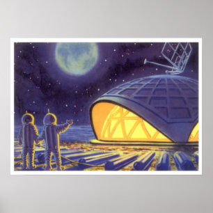 Vintage Science Fiction Aliens on Blue Planet Moon Poster