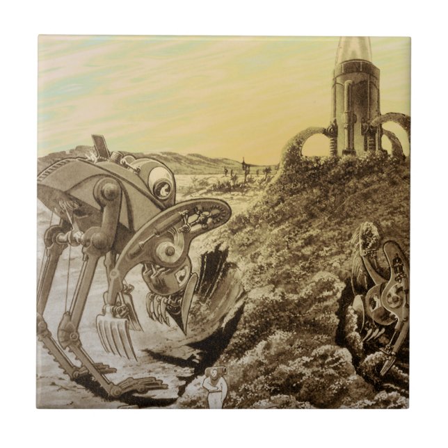 Vintage Science Fiction Aliens Planet Construction Ceramic Tile (Front)
