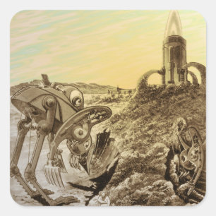 Vintage Science Fiction Aliens Planet Construction Square Sticker