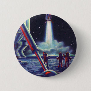 Vintage Science Fiction Aliens Wave to Rocket 6 Cm Round Badge