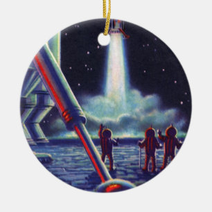 Vintage Science Fiction Aliens Wave to Rocket Ceramic Ornament