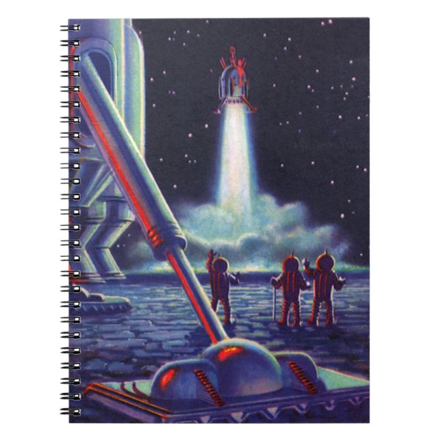 Vintage Science Fiction Aliens Wave to Rocket Notebook (Front)