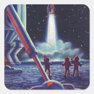 Vintage Science Fiction Aliens Wave to Rocket Square Sticker