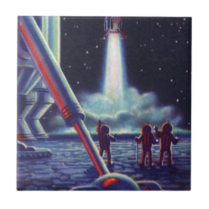 Vintage Science Fiction Aliens Wave to Rocket Tile