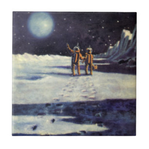 Vintage Science Fiction Astronaut Aliens on Moon Ceramic Tile