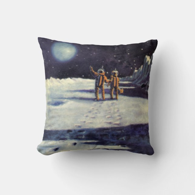 Vintage Science Fiction Astronaut Aliens on Moon Cushion (Front)