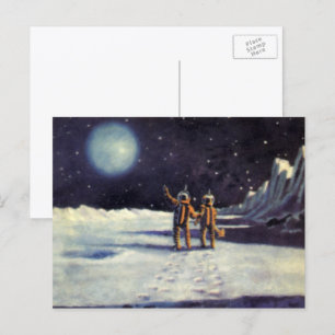 Vintage Science Fiction Astronaut Aliens on Moon Postcard