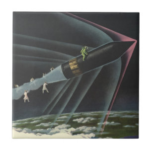 Vintage Science Fiction Astronaut Riding a Rocket Ceramic Tile