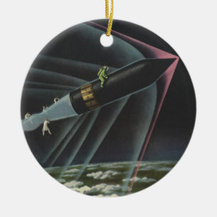 Vintage Science Fiction Astronaut Riding a Rocket Ceramic Tree Decoration