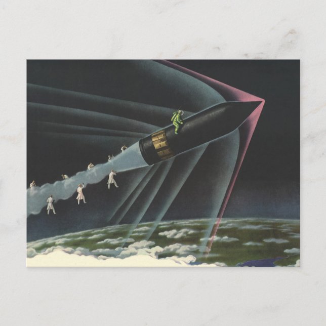 Vintage Science Fiction Astronaut Riding a Rocket Postcard (Front)
