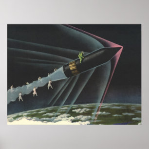 Vintage Science Fiction Astronaut Riding a Rocket Poster