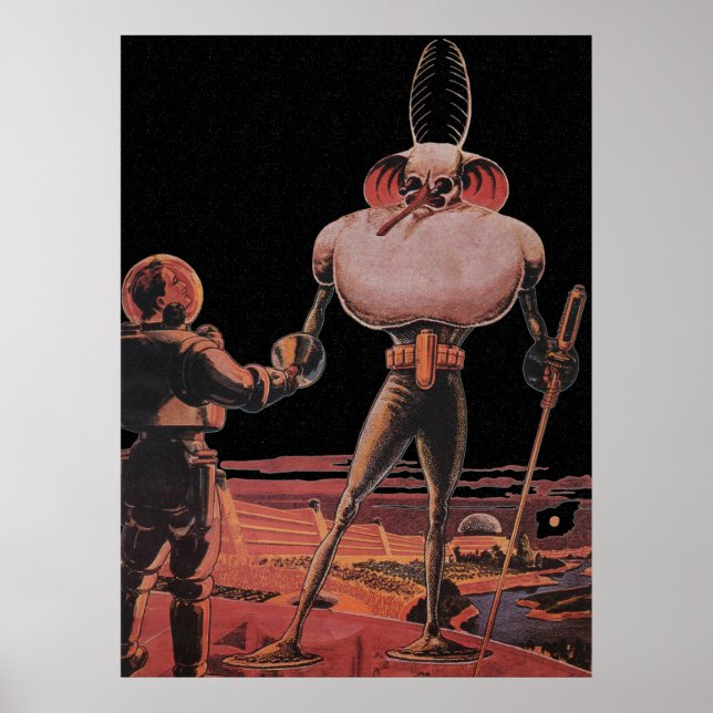 Vintage Science Fiction Astronaut Shake Hand Alien Poster (Front)