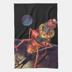 Vintage Science Fiction Astronaut with Alien Robot Tea Towel