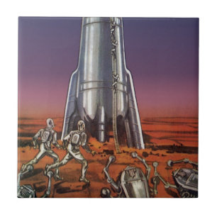 Vintage Science Fiction, Astronauts Beetle Aliens Ceramic Tile