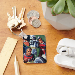 Vintage Science Fiction Astronauts Fixing a Robot Key Ring