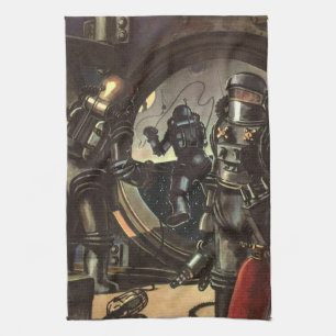Vintage Science Fiction Astronauts on a Space Walk Tea Towel