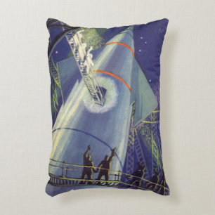 Vintage Science Fiction Astronauts on Rocket Ship Decorative Cushion