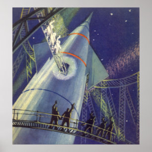 Vintage Science Fiction Astronauts on Rocket Ship Poster