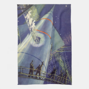 Vintage Science Fiction Astronauts on Rocket Ship Tea Towel