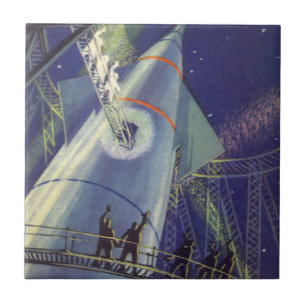 Vintage Science Fiction Astronauts on Rocket Ship Tile