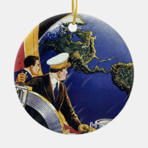Vintage Science Fiction Astronauts Orbiting Earth Ceramic Tree Decoration
