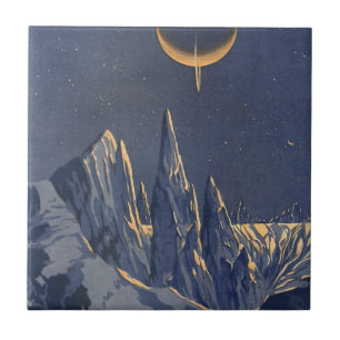 Vintage Science Fiction, Crescent Moon Snow Planet Ceramic Tile