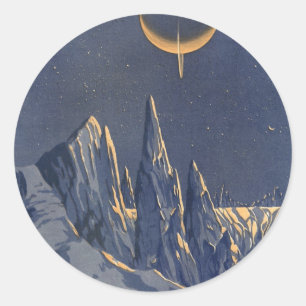 Vintage Science Fiction, Crescent Moon Snow Planet Classic Round Sticker