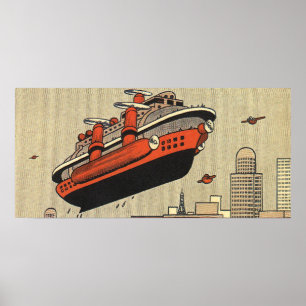 Vintage Science Fiction Cruise Ship Helicopter Poster