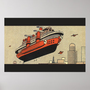 Vintage Science Fiction Cruise Ship Helicopter Poster