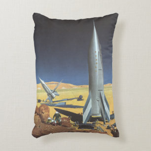 Vintage Science Fiction Desert Planet with Rockets Decorative Cushion