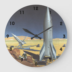 Vintage Science Fiction Desert Planet with Rockets Large Clock
