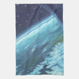 Vintage Science Fiction, Earth at Night with Stars Tea Towel