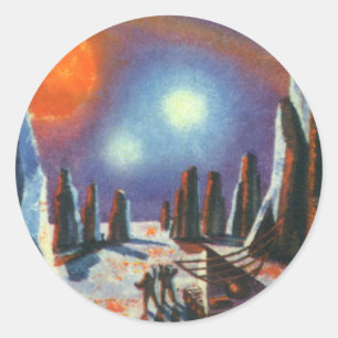 Vintage Science Fiction Foreign Planet with Aliens Classic Round Sticker