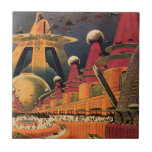 Vintage Science Fiction Futuristic City Flying Car Ceramic Tile<br><div class="desc">Vintage illustration travel and transportation science fiction image featuring a classic comic book retro sci fi urban setting with a city of the future. The architectural buildings are shaped like cones and vehicles are flying in the sky like birds while crowds of people are moving through the metropolis.</div>