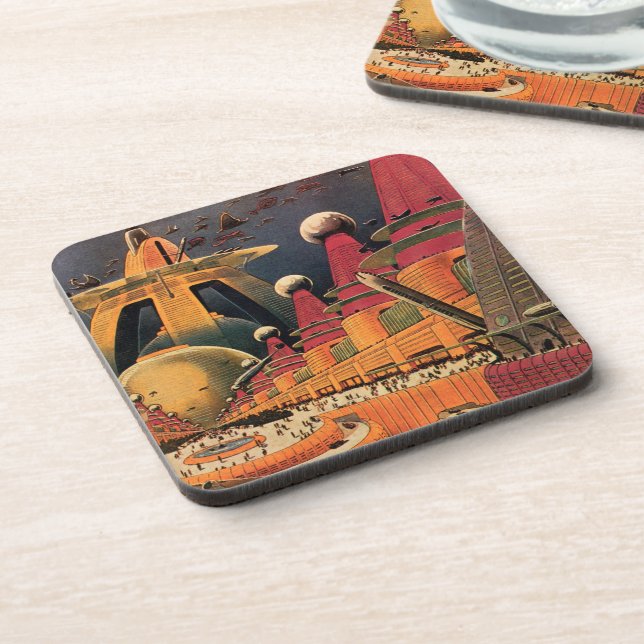 Vintage Science Fiction Futuristic City Flying Car Coaster (Left Side)