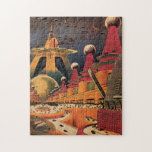 Vintage Science Fiction Futuristic City Flying Car Jigsaw Puzzle<br><div class="desc">Vintage illustration travel and transportation science fiction image featuring a classic comic book retro sci fi urban setting with a city of the future. The architectural buildings are shaped like cones and vehicles are flying in the sky like birds while crowds of people are moving through the metropolis.</div>