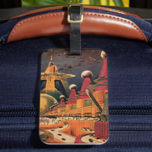 Vintage Science Fiction Futuristic City Flying Car Luggage Tag