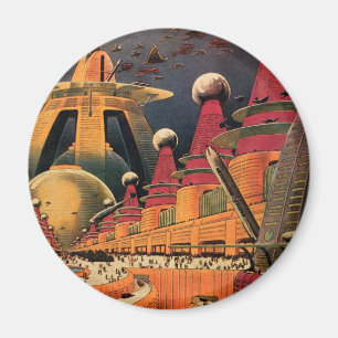 Vintage Science Fiction Futuristic City Flying Car Magnet
