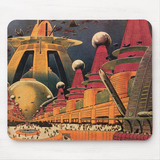 Vintage Science Fiction Futuristic City Flying Car Mouse Pad (Front)