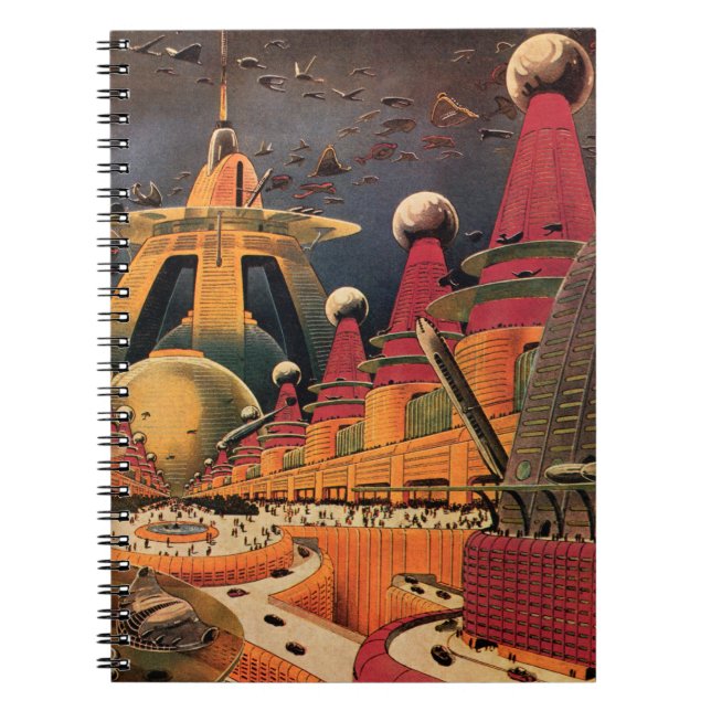 Vintage Science Fiction Futuristic City Flying Car Notebook (Front)