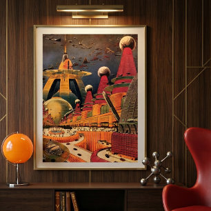 Vintage Science Fiction Futuristic City Flying Car Poster
