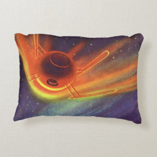 Vintage Science Fiction, Glowing Rocket in Space Decorative Cushion