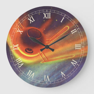 Vintage Science Fiction, Glowing Rocket in Space Large Clock