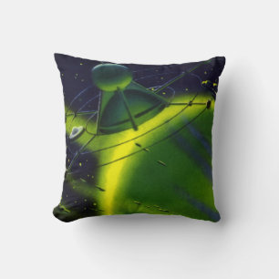 Vintage Science Fiction Green Planet w Spaceship Cushion