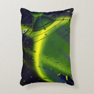 Vintage Science Fiction Green Planet w Spaceship Decorative Cushion