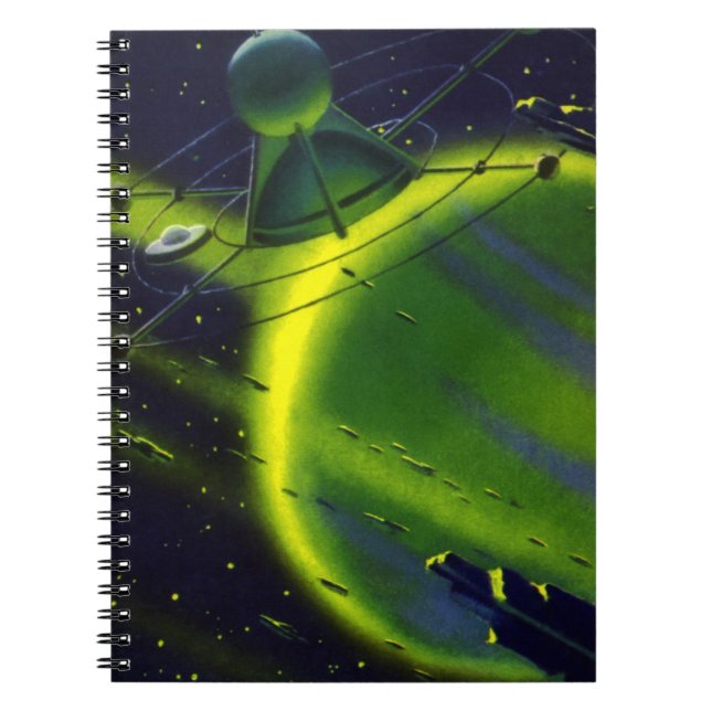 Vintage Science Fiction Green Planet w Spaceship Notebook (Front)