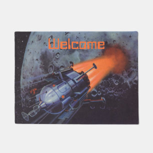 Vintage Science Fiction, Moon Rocket Blasting Off Doormat
