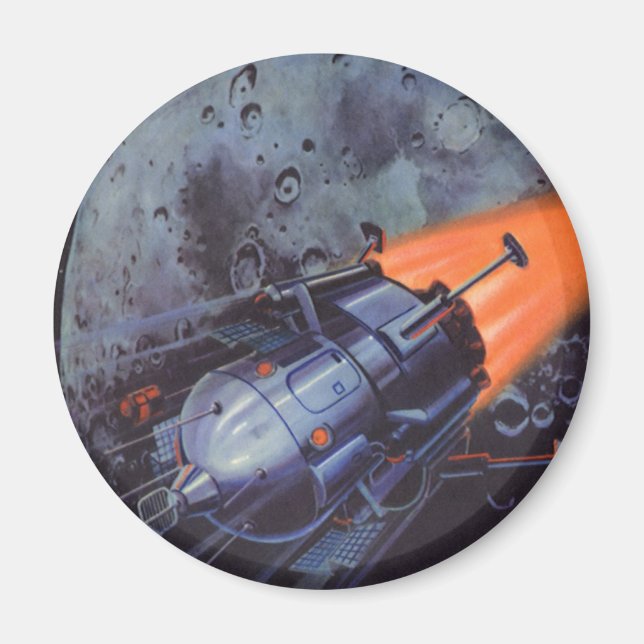 Vintage Science Fiction, Moon Rocket Blasting Off Magnet (Front)